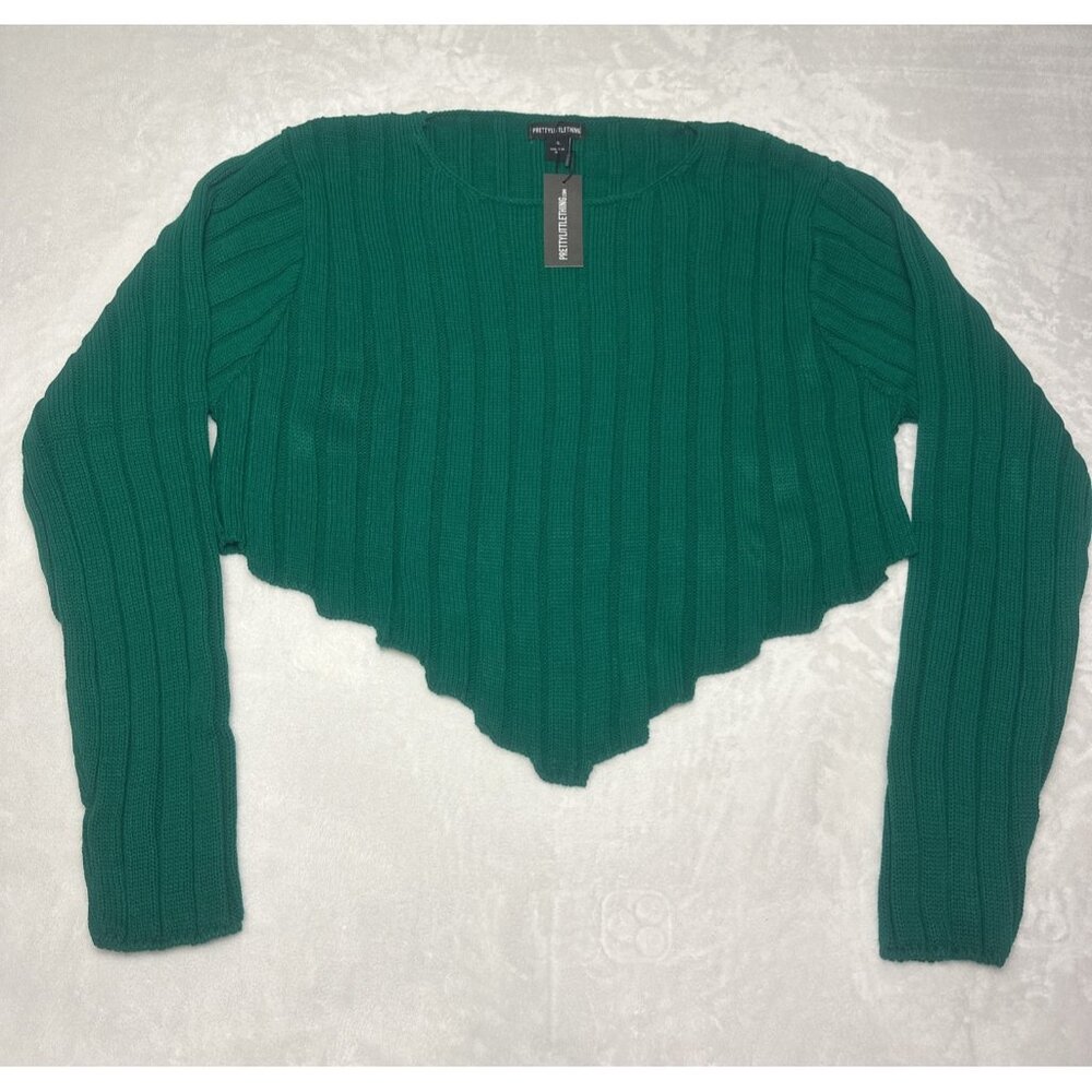 NWT~Pretty Little Thing  Sz XL Cropped Cable Knit Dip Hem Sweater KELLY GREEN - Picture 7 of 16